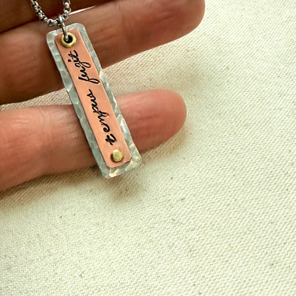 Tempus Fugit necklace | Latin Phrase Jewelry | mindfulness mantra | mixed meta  hammered silver copper and gold pendant | drake designs jewelry