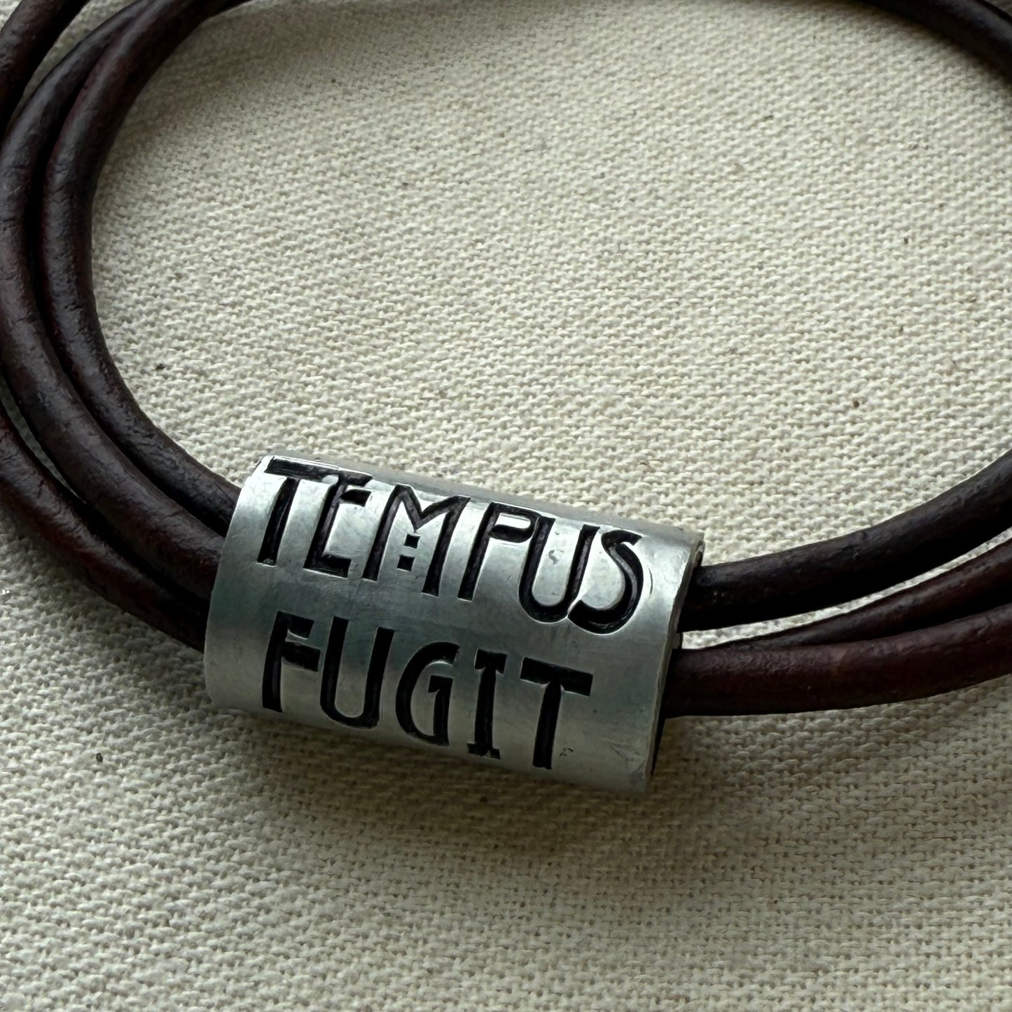 Tempus fugit bracelet | time flies Latin phrase bracelet | hand crafted Leather wrap bracelet | drake designs jewelry