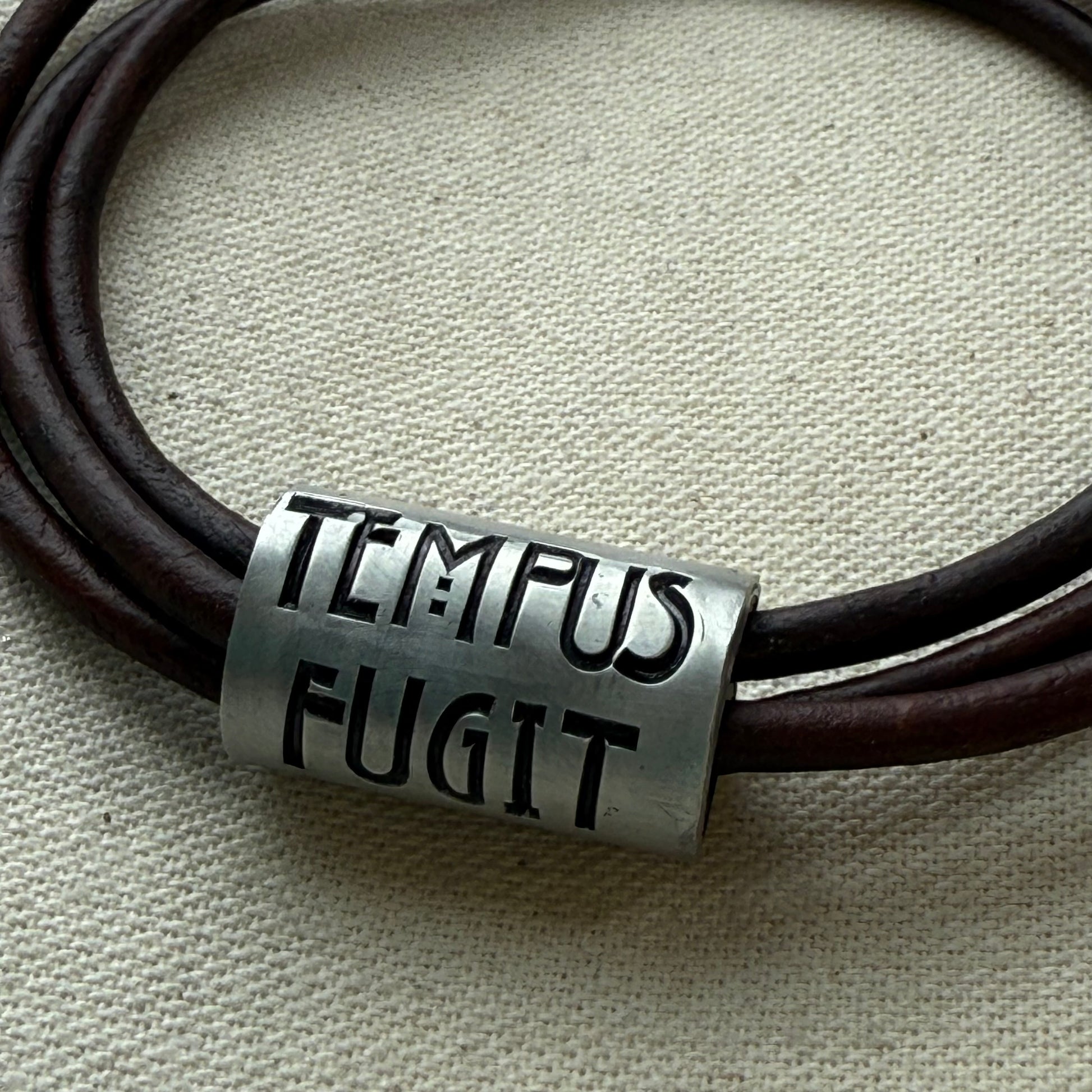 Tempus fugit bracelet | time flies Latin phrase bracelet | hand crafted Leather wrap bracelet | drake designs jewelry