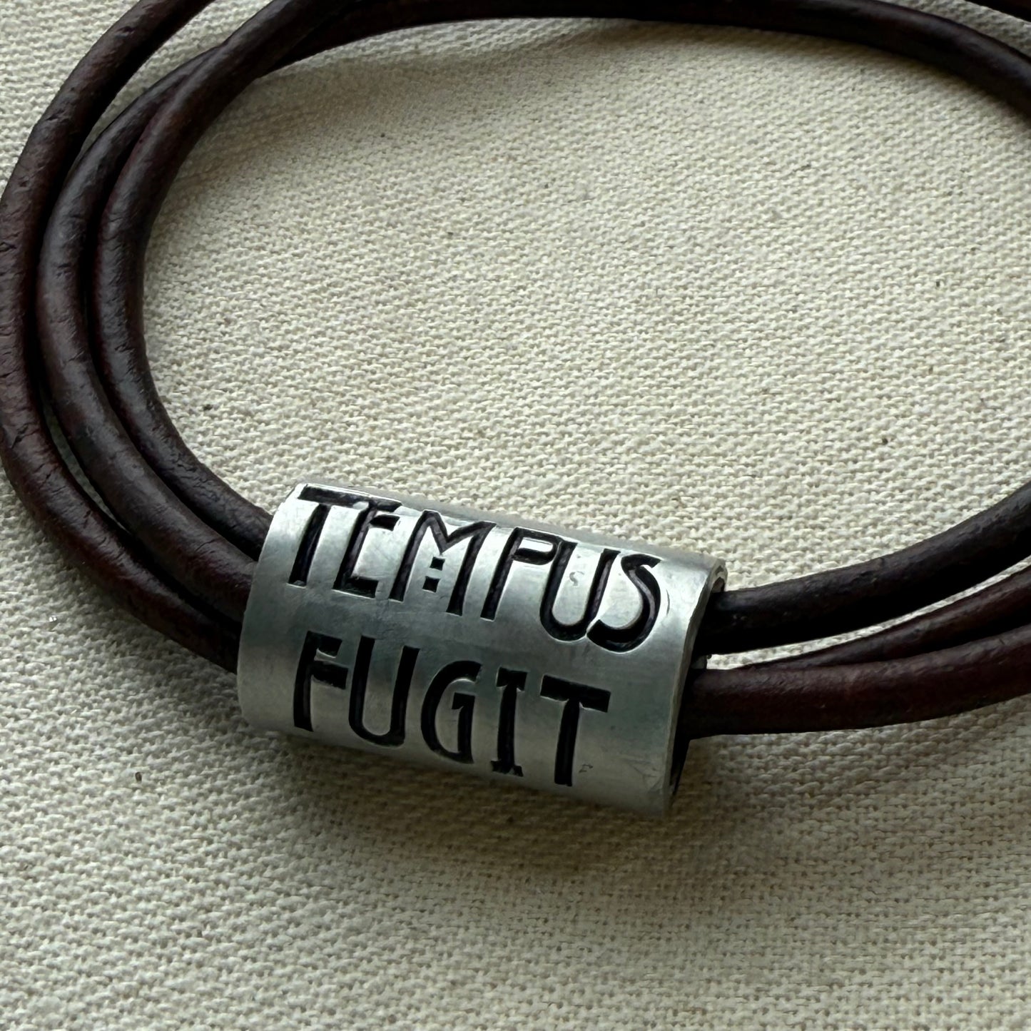 Tempus fugit bracelet | time flies Latin phrase bracelet | hand crafted Leather wrap bracelet | drake designs jewelry