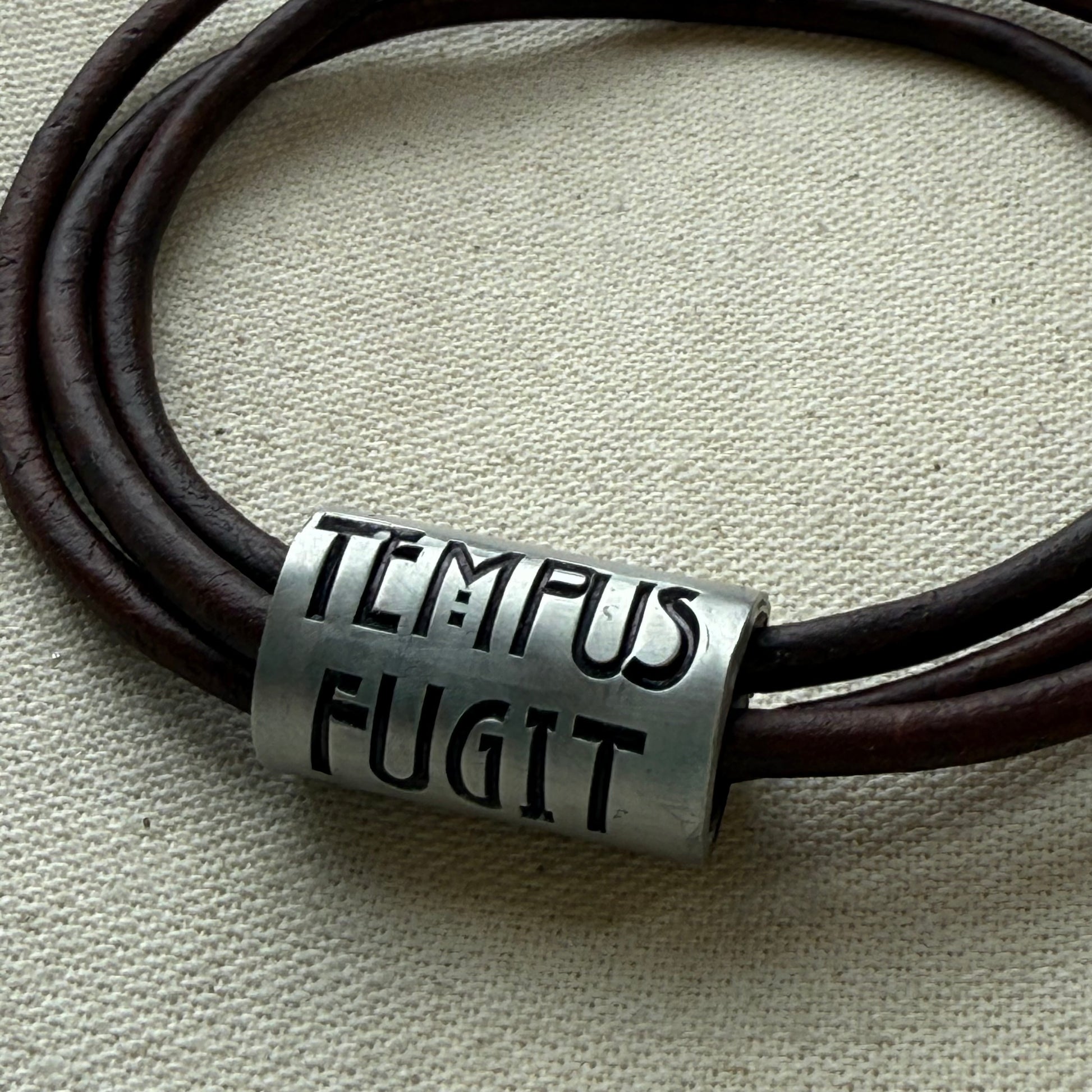 Tempus fugit bracelet | time flies Latin phrase bracelet | hand crafted Leather wrap bracelet | drake designs jewelry