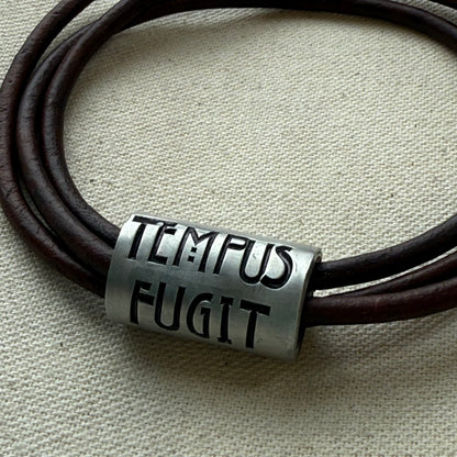 Tempus fugit bracelet | time flies Latin phrase bracelet | hand crafted Leather wrap bracelet | drake designs jewelry