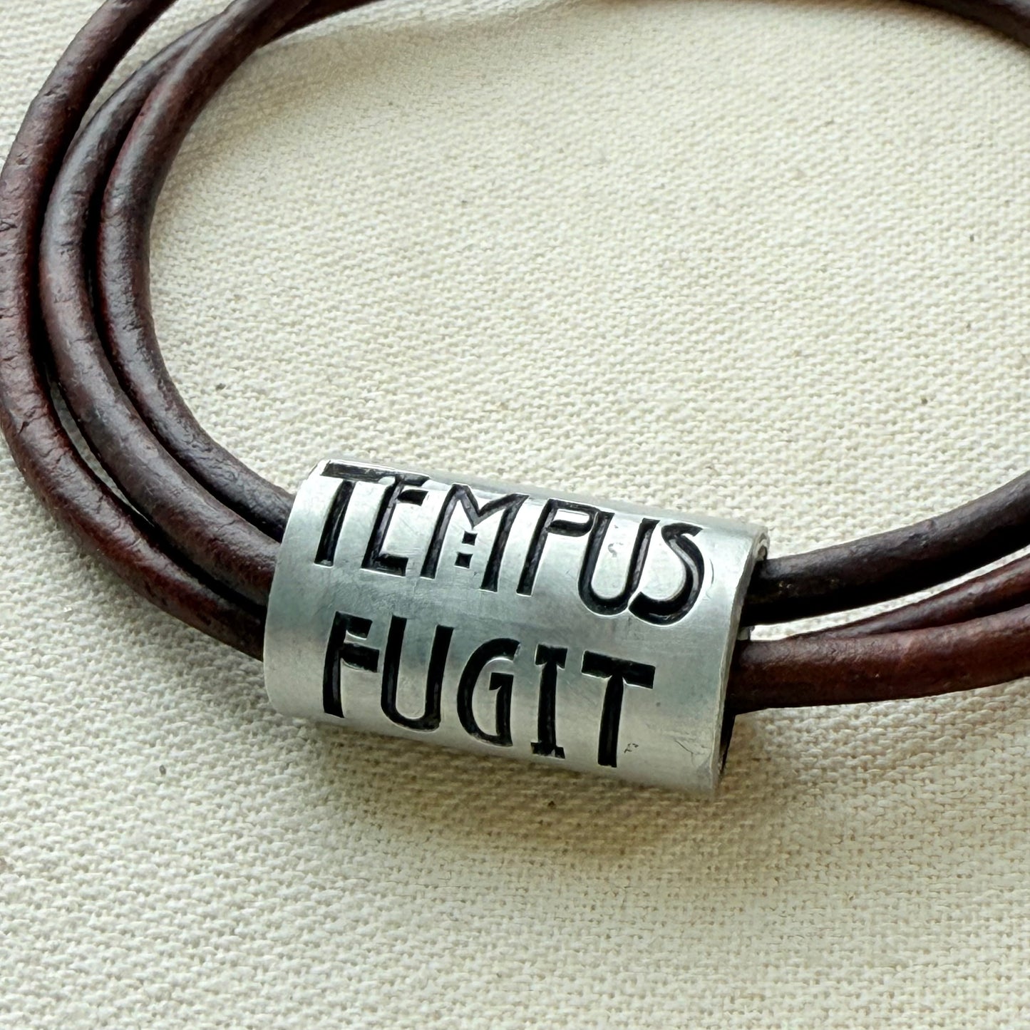 Tempus fugit bracelet | time flies Latin phrase bracelet | hand crafted Leather wrap bracelet | drake designs jewelry