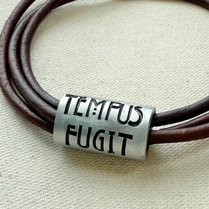 Tempus fugit bracelet | time flies Latin phrase bracelet | hand crafted Leather wrap bracelet | drake designs jewelry