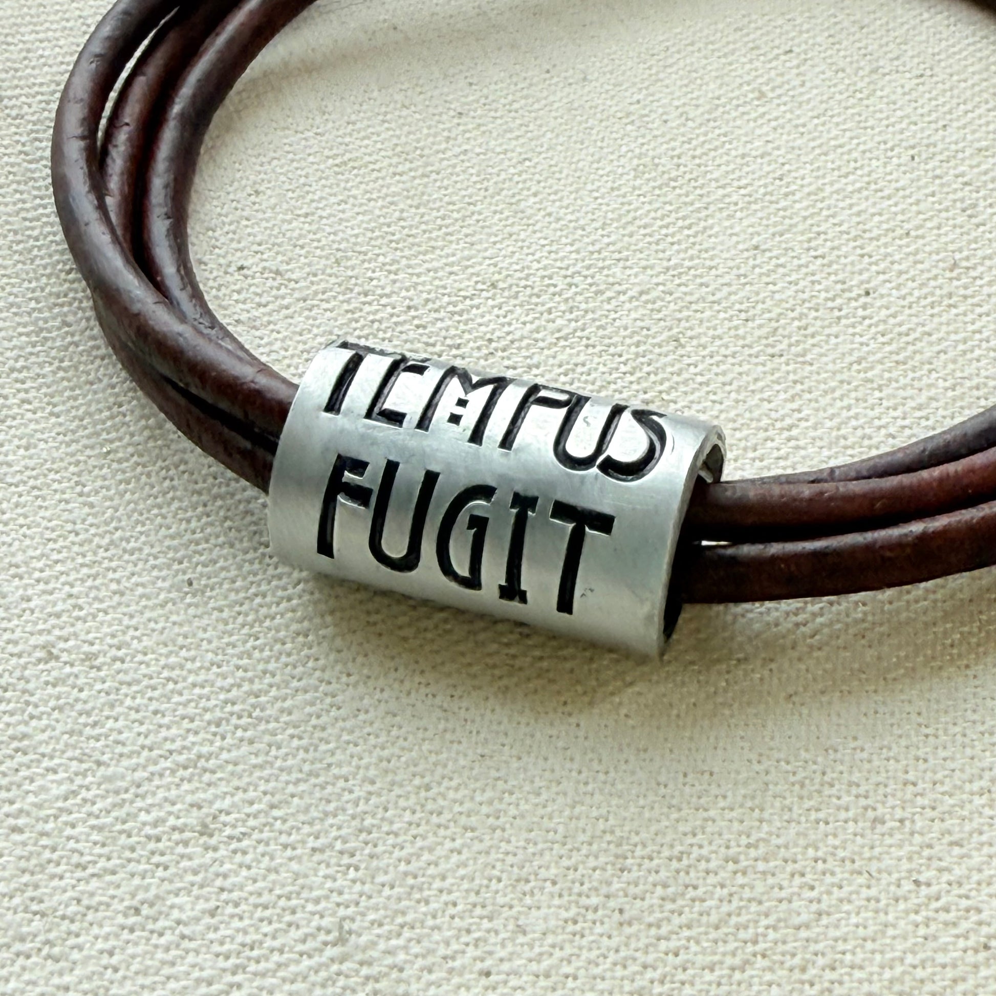 Tempus fugit bracelet | time flies Latin phrase bracelet | hand crafted Leather wrap bracelet | drake designs jewelry