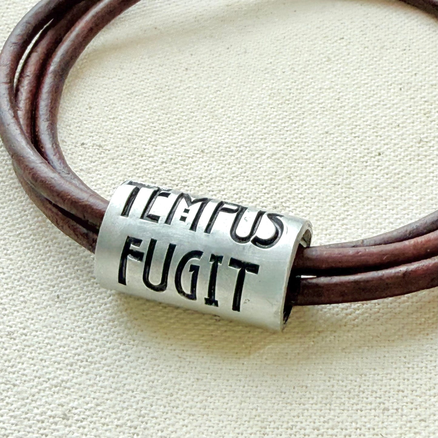 Tempus fugit bracelet | time flies Latin phrase bracelet | hand crafted Leather wrap bracelet | drake designs jewelry