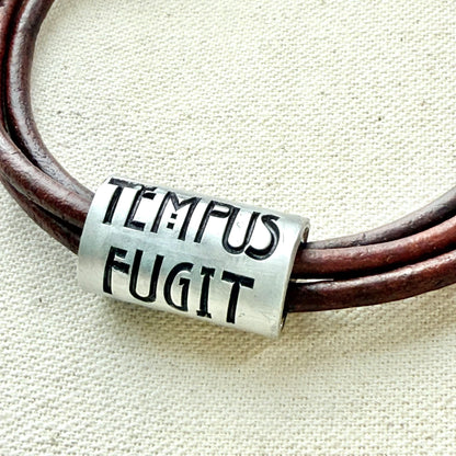 Tempus fugit bracelet | time flies Latin phrase bracelet | hand crafted Leather wrap bracelet | drake designs jewelry