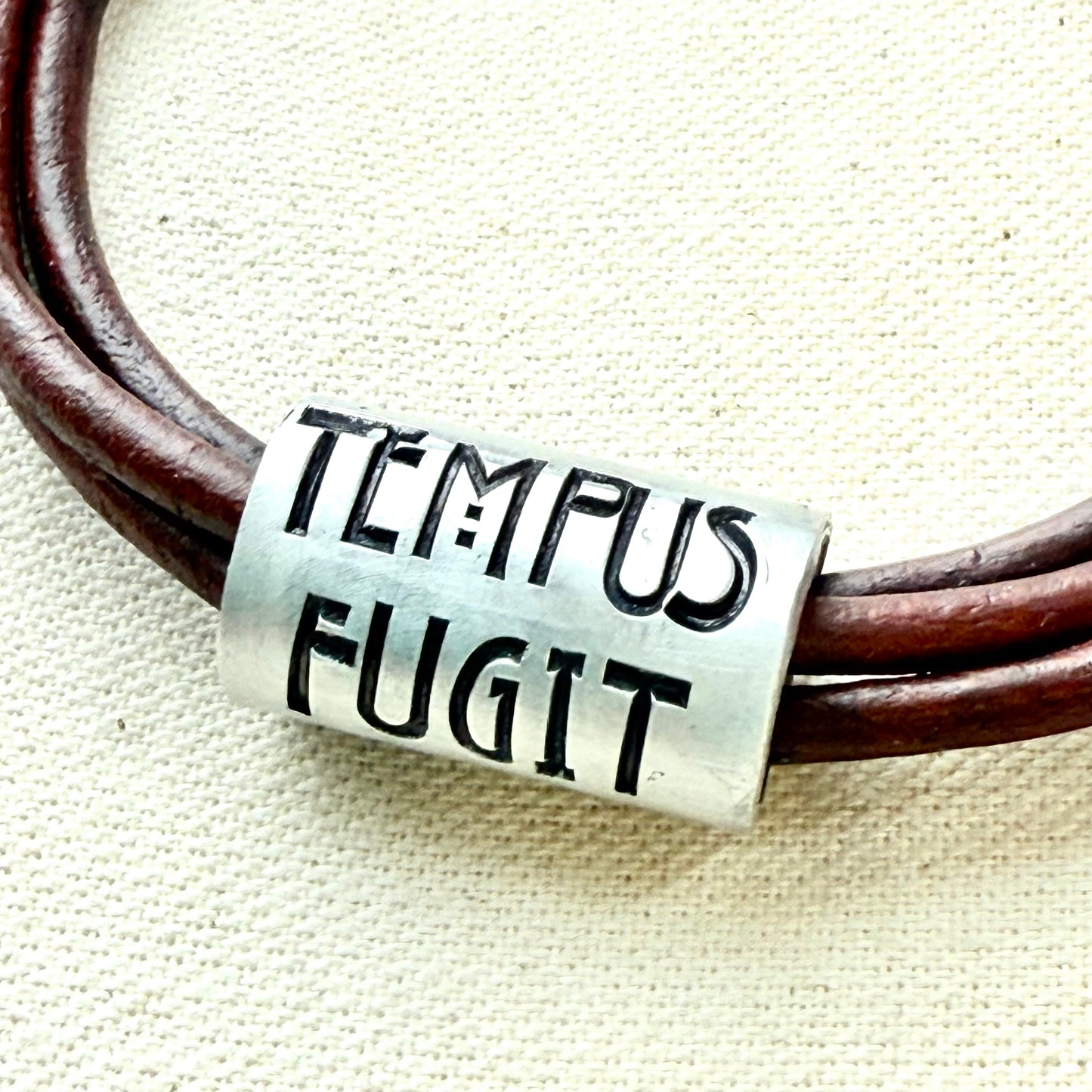 Tempus fugit bracelet | time flies Latin phrase bracelet | hand crafted Leather wrap bracelet | drake designs jewelry