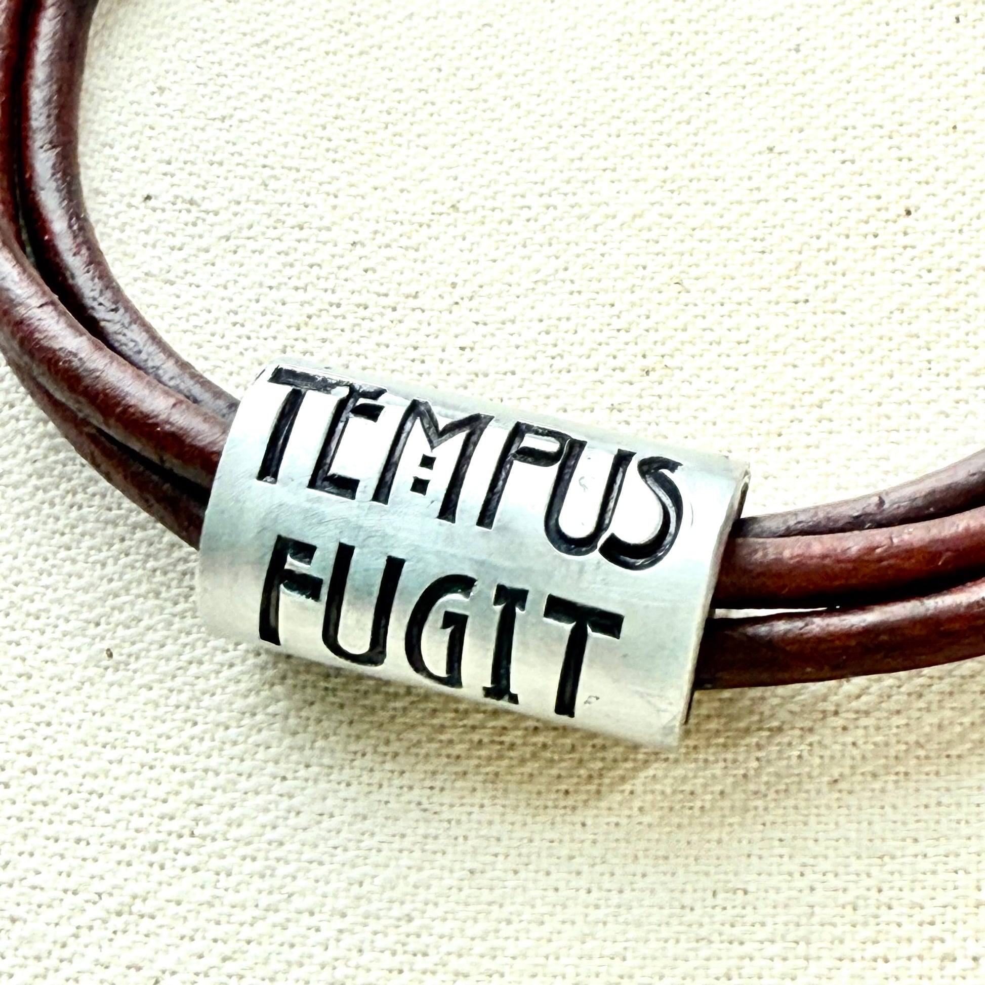 Tempus fugit bracelet | time flies Latin phrase bracelet | hand crafted Leather wrap bracelet | drake designs jewelry