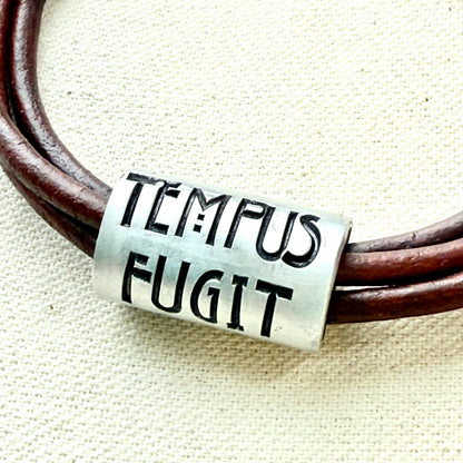 Tempus fugit bracelet | time flies Latin phrase bracelet | hand crafted Leather wrap bracelet | drake designs jewelry