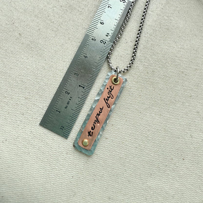 Tempus Fugit necklace | Latin Phrase Jewelry | mindfulness mantra | mixed meta  hammered silver copper and gold pendant | drake designs jewelry