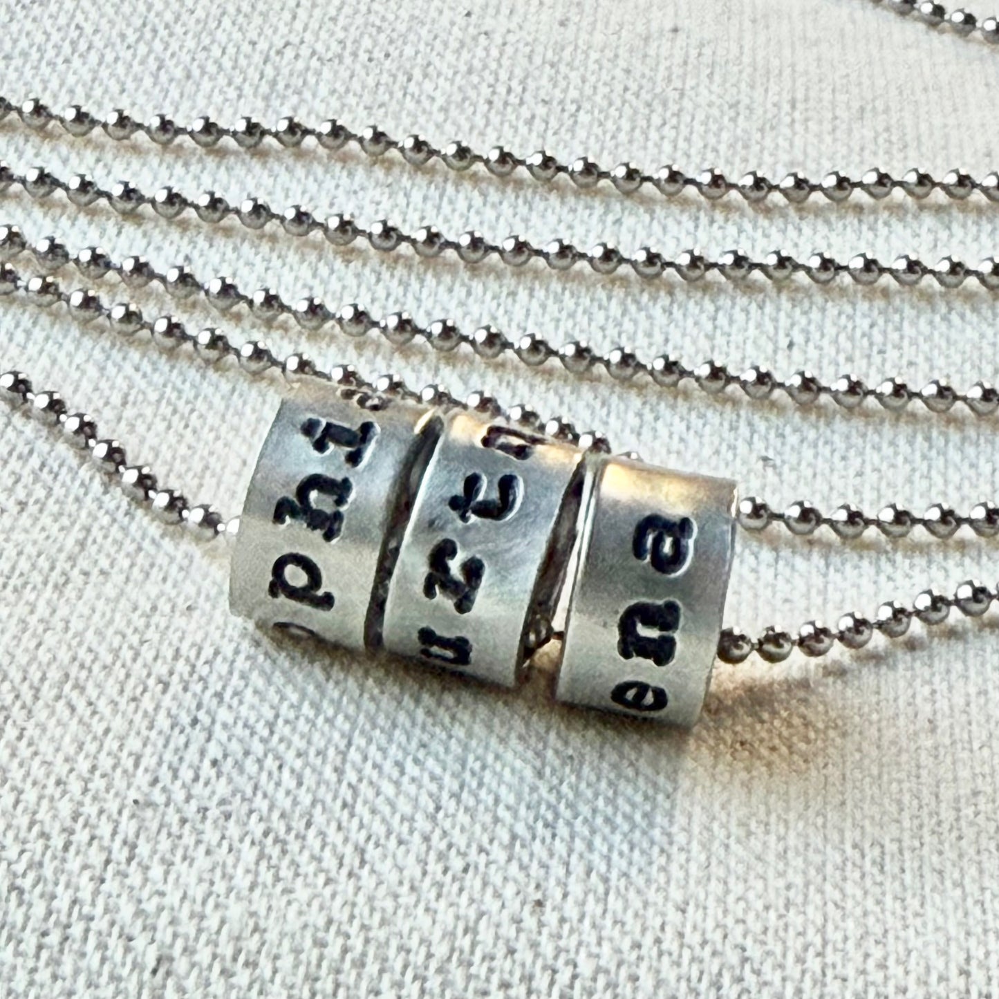 personalized necklace with childrens names for men and women - hand stamped on silver charms personalized in choice of font - drake designs jewelry