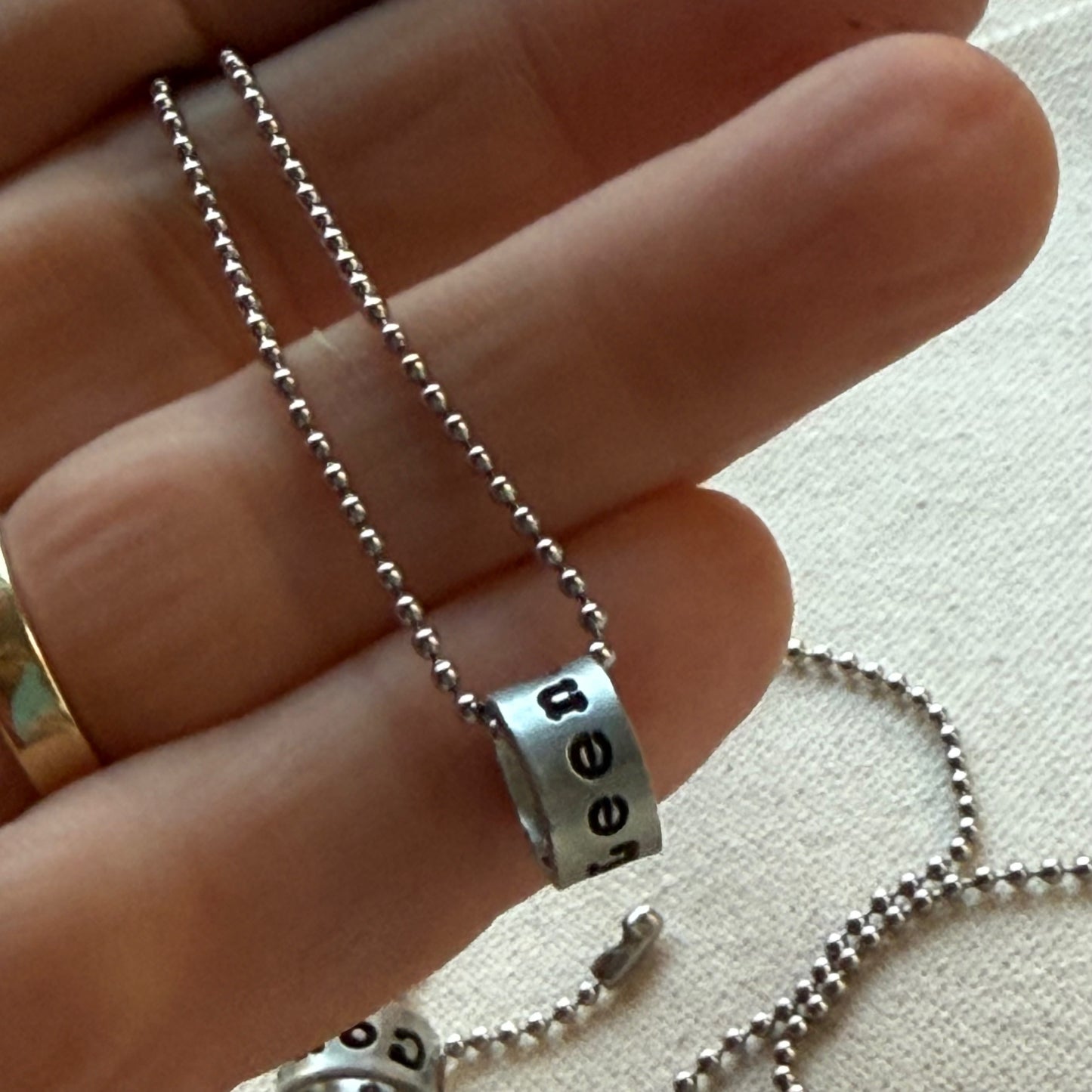 personalized silver name charm necklace for men and women - hand stamped with kids names in your choice of font - drake designs jewelry