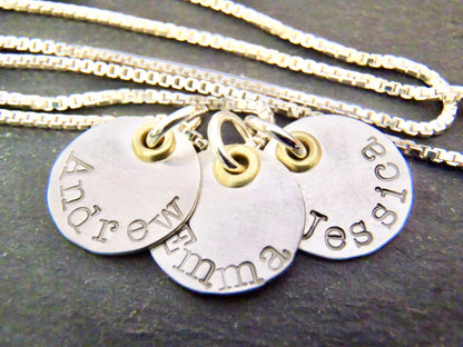 Mixed metal sterling silver mom necklace with kids names - sterling silver and gold -   drake designs jewelry