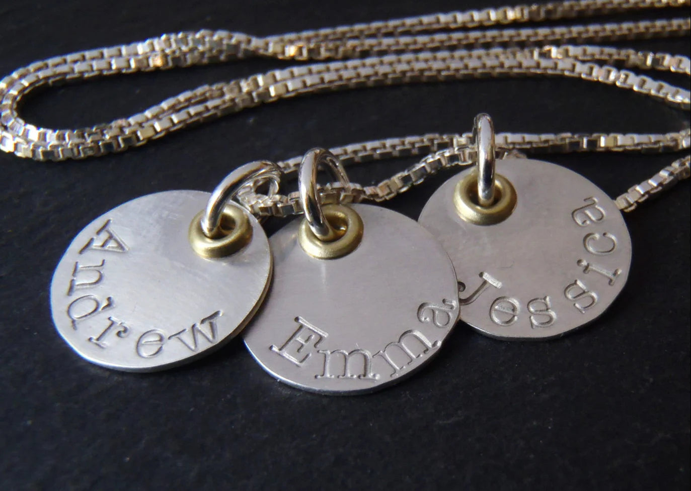 Mixed metal sterling silver mom necklace with kids names - sterling silver and gold -   drake designs jewelry