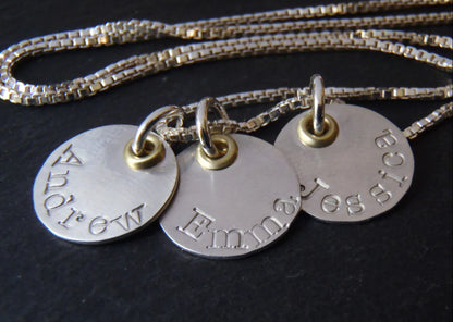 Mixed metal sterling silver mom necklace with kids names - sterling silver and gold -   drake designs jewelry
