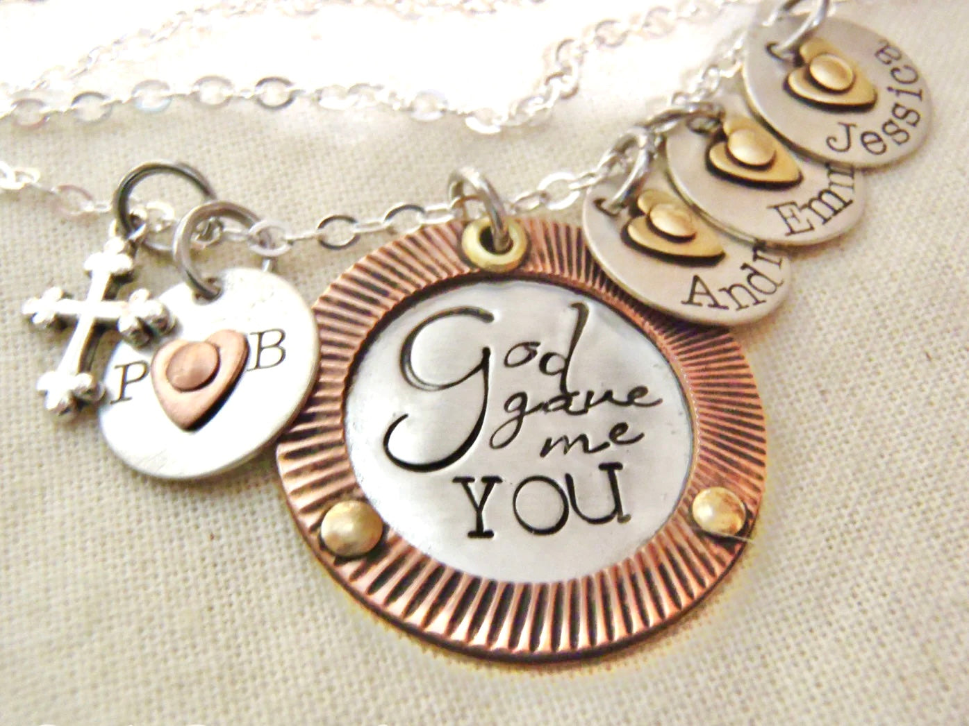 Christian Family necklace God gave me you hand stamped personalized necklace with cross couples initials and kids names in sterling silver with gold and copper accents- Drake Designs Jewelry