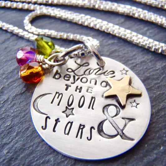 Love beyond the moon and stars personalized sterling silver mothers necklace - Drake Designs Jewelry