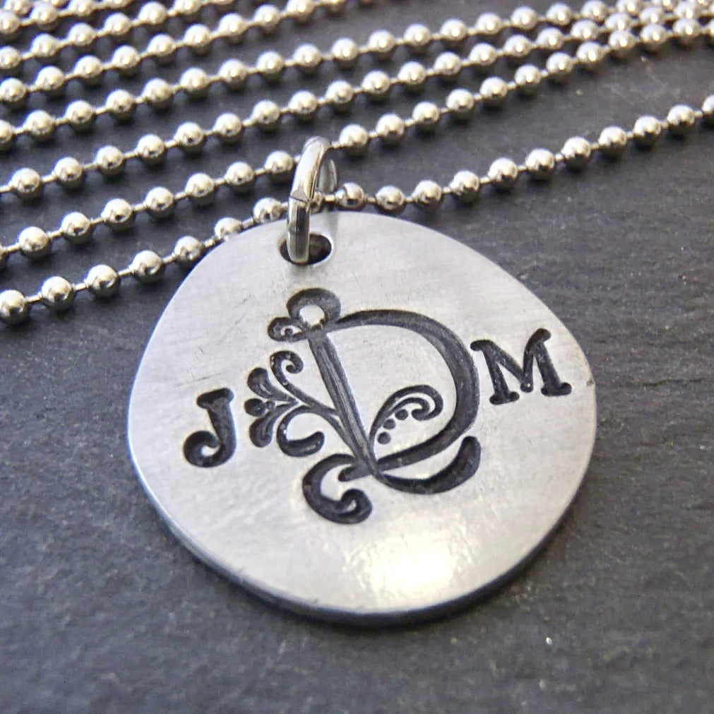 Three initial monogram necklace hand stamped personalized 3 initial monogram with flourished initials- Drake Designs Jewelry