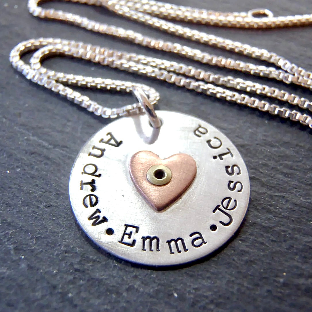 Sterling silver mom necklace sterling silver and copper heart - personalized with children's names - Drake Designs Jewelry
