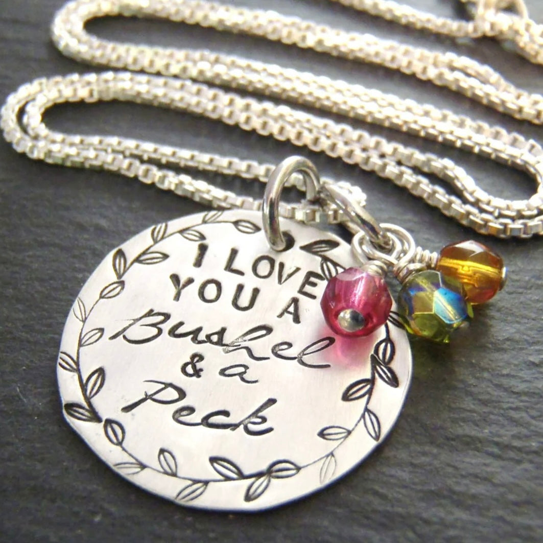 Sterling silver Personalized Mothers Necklace with Kids Birthstones - I love you a bushel and a peck necklace - Drake Designs Jewelry