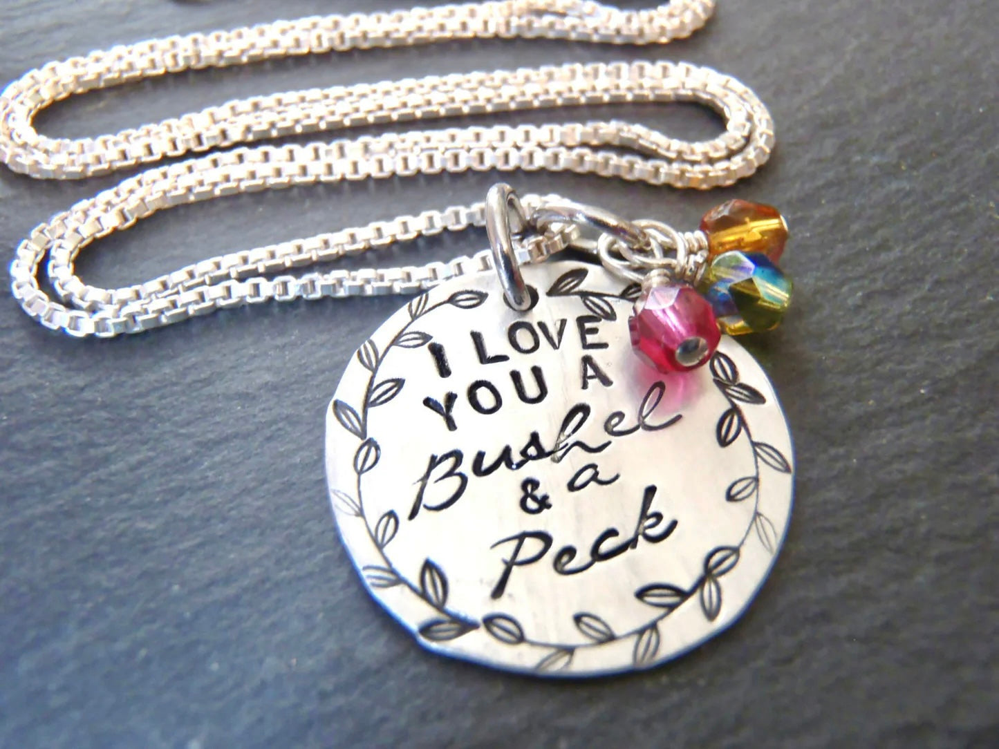 Sterling silver Personalized Mothers Necklace with Kids Birthstones - I love you a bushel and a peck necklace - Drake Designs Jewelry