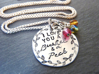 Sterling silver Personalized Mothers Necklace with Kids Birthstones - I love you a bushel and a peck necklace - Drake Designs Jewelry
