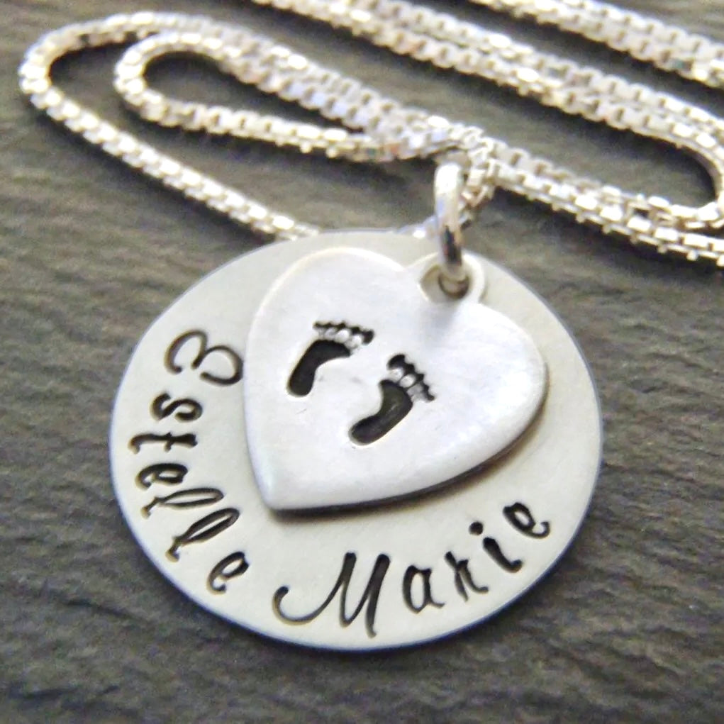 Sterling Silver New Baby Name Necklace with Footprints -Personalized with First and Middle Name - Drake Designs Jewelry