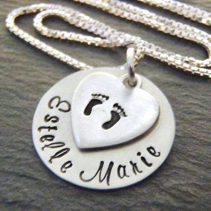 Sterling Silver New Baby Name Necklace with Footprints -Personalized with First and Middle Name - Drake Designs Jewelry