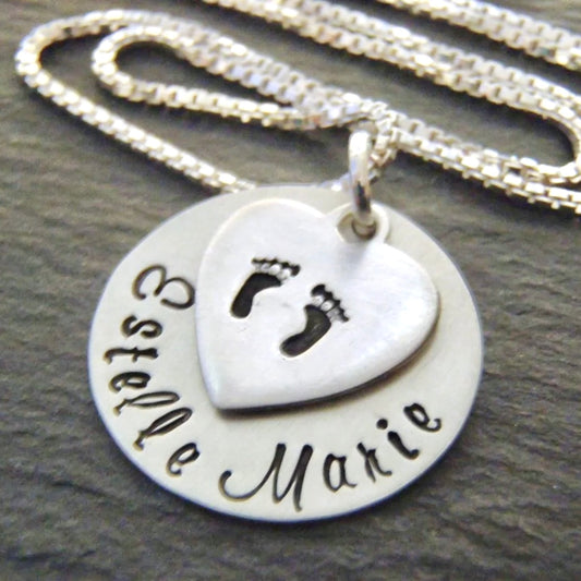Sterling Silver New Baby Name Necklace with Footprints -Personalized with First and Middle Name - Drake Designs Jewelry