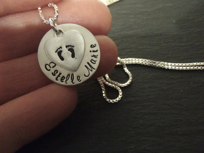 Sterling Silver New Baby Name Necklace with Footprints -Personalized with First and Middle Name - Drake Designs Jewelry