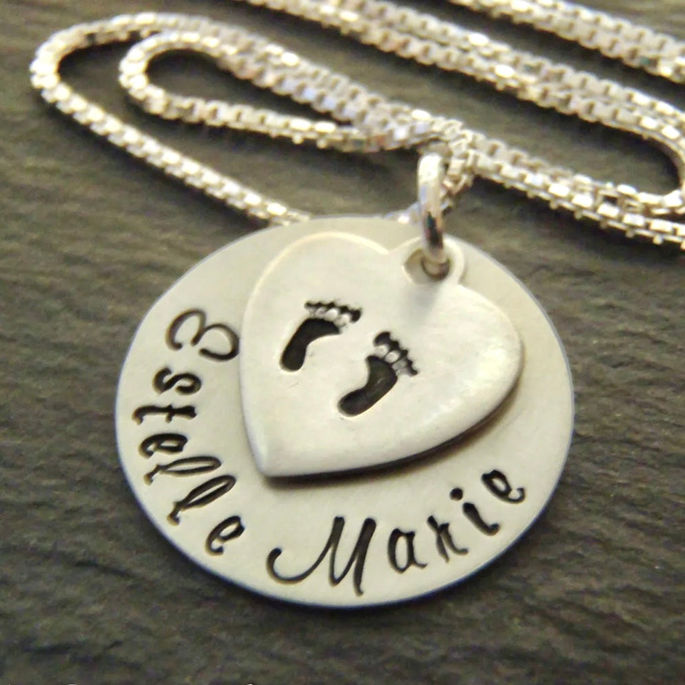 Sterling Silver New Baby Name Necklace with Footprints -Personalized with First and Middle Name - Drake Designs Jewelry