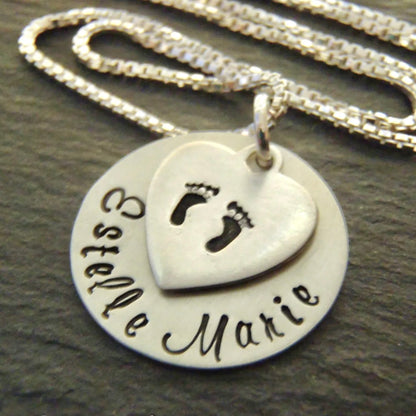 Sterling Silver New Baby Name Necklace with Footprints -Personalized with First and Middle Name - Drake Designs Jewelry