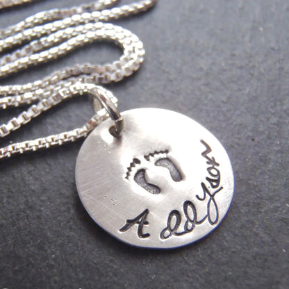 Sterling Silver New Mom Necklace with Personalized Name push present baby footprints