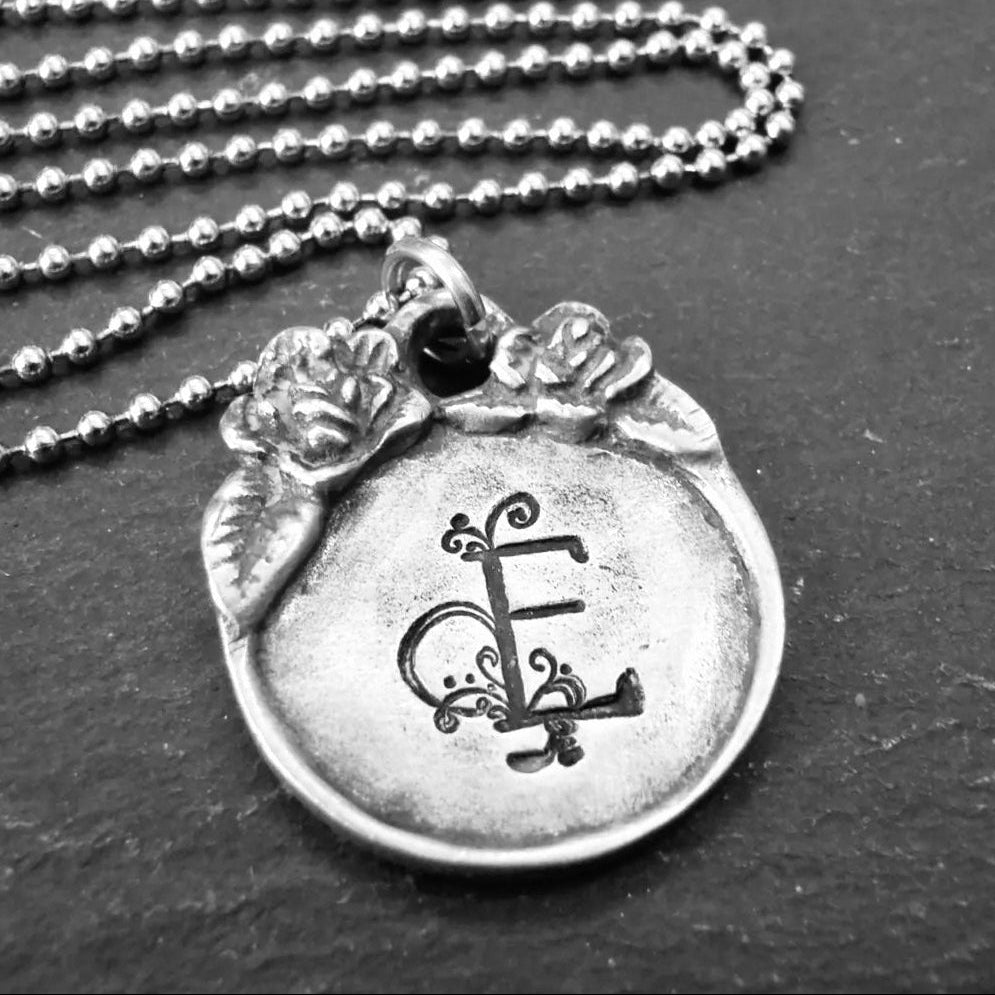 Vintage Style Initial Necklace Personalized with Raised Rim Edge and Sculptural Floral Rose - Flourished Initial - Drake Designs Jewelry
