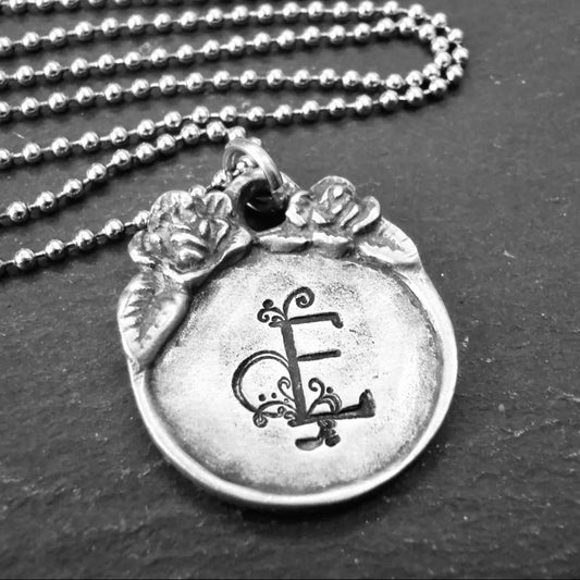 Vintage Style Initial Necklace Personalized with Raised Rim Edge and Sculptural Floral Rose - Flourished Initial - Drake Designs Jewelry