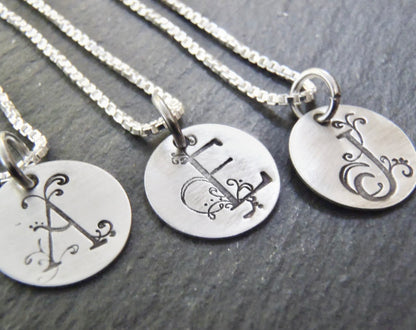 Tiny Initial Necklace Personalized Sterling Silver with Flourished Initial