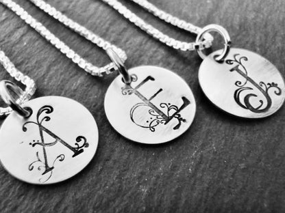 Tiny Initial Necklace Personalized Sterling Silver with Flourished Initial