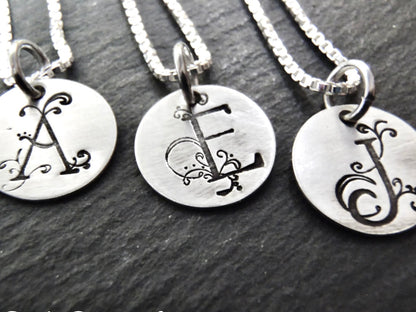 Tiny Initial Necklace Personalized Sterling Silver with Flourished Initial