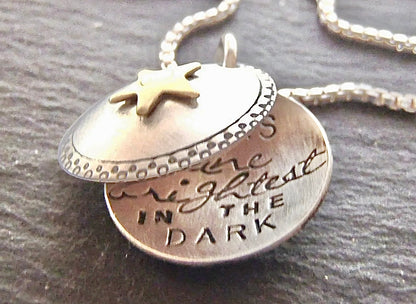 Sterling Silver Inspirational Necklace Star Locket - Stars Shine Brightest in the Dark - with Golden Brass Star - drake designs jewelry