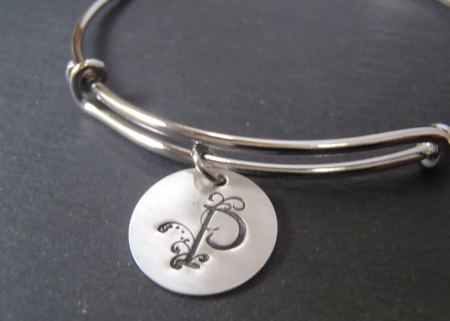 Adjustable Bangle Bracelet with Custom Flourished Initial Monogram on Sterling Silver Charm - drake designs jewelry