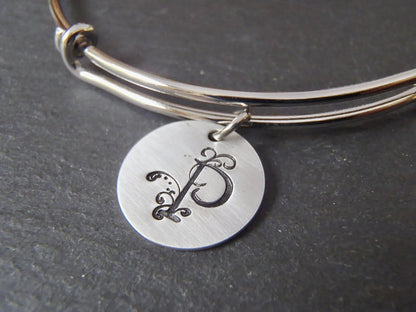 Adjustable Bangle Bracelet with Custom Flourished Initial Monogram on Sterling Silver Charm - drake designs jewelry