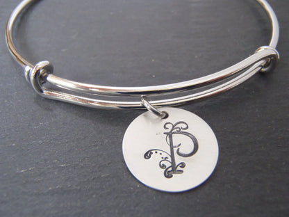 Adjustable Bangle Bracelet with Custom Flourished Initial Monogram on Sterling Silver Charm - drake designs jewelry