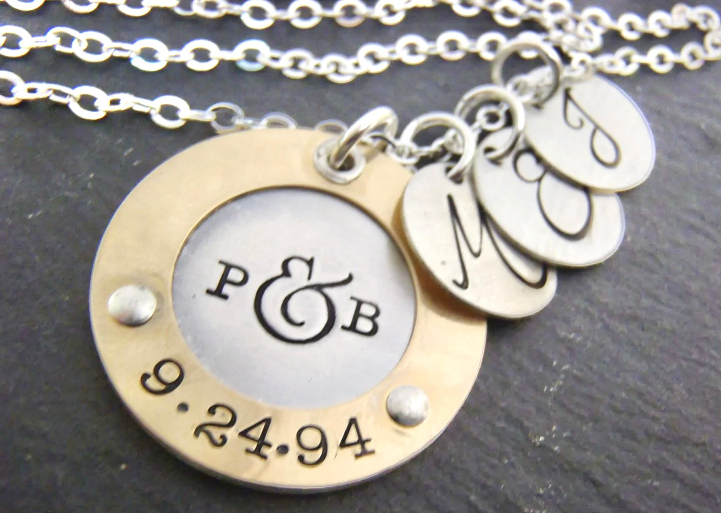 Personalized Mixed Metal Sterling Silver Mother's Necklace with Children's initials and Couples Initials and Anniversary Date - Raised Gold Border