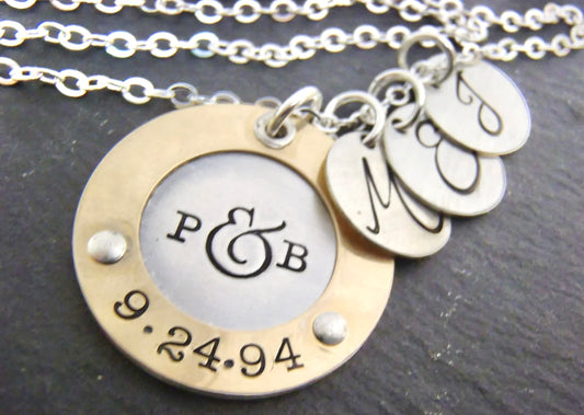 Personalized Mixed Metal Sterling Silver Mother's Necklace with Children's initials and Couples Initials and Anniversary Date - Raised Gold Border - Drake Designs Jewelry