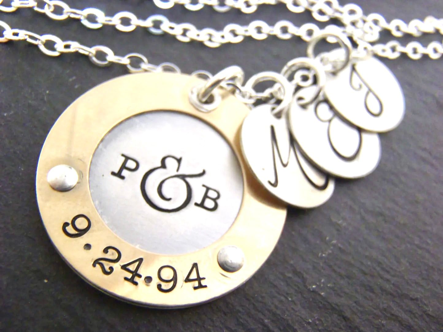 Personalized Mixed Metal Sterling Silver Mother's Necklace with Children's initials and Couples Initials and Anniversary Date - Raised Gold Border