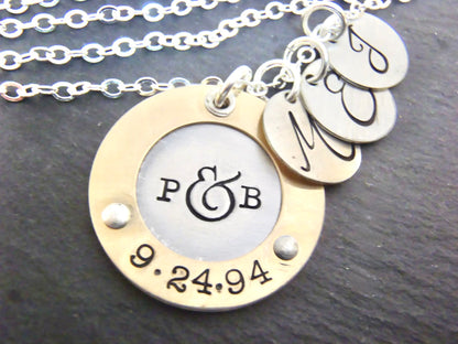 Personalized Mixed Metal Sterling Silver Mother's Necklace with Children's initials and Couples Initials and Anniversary Date - Raised Gold Border