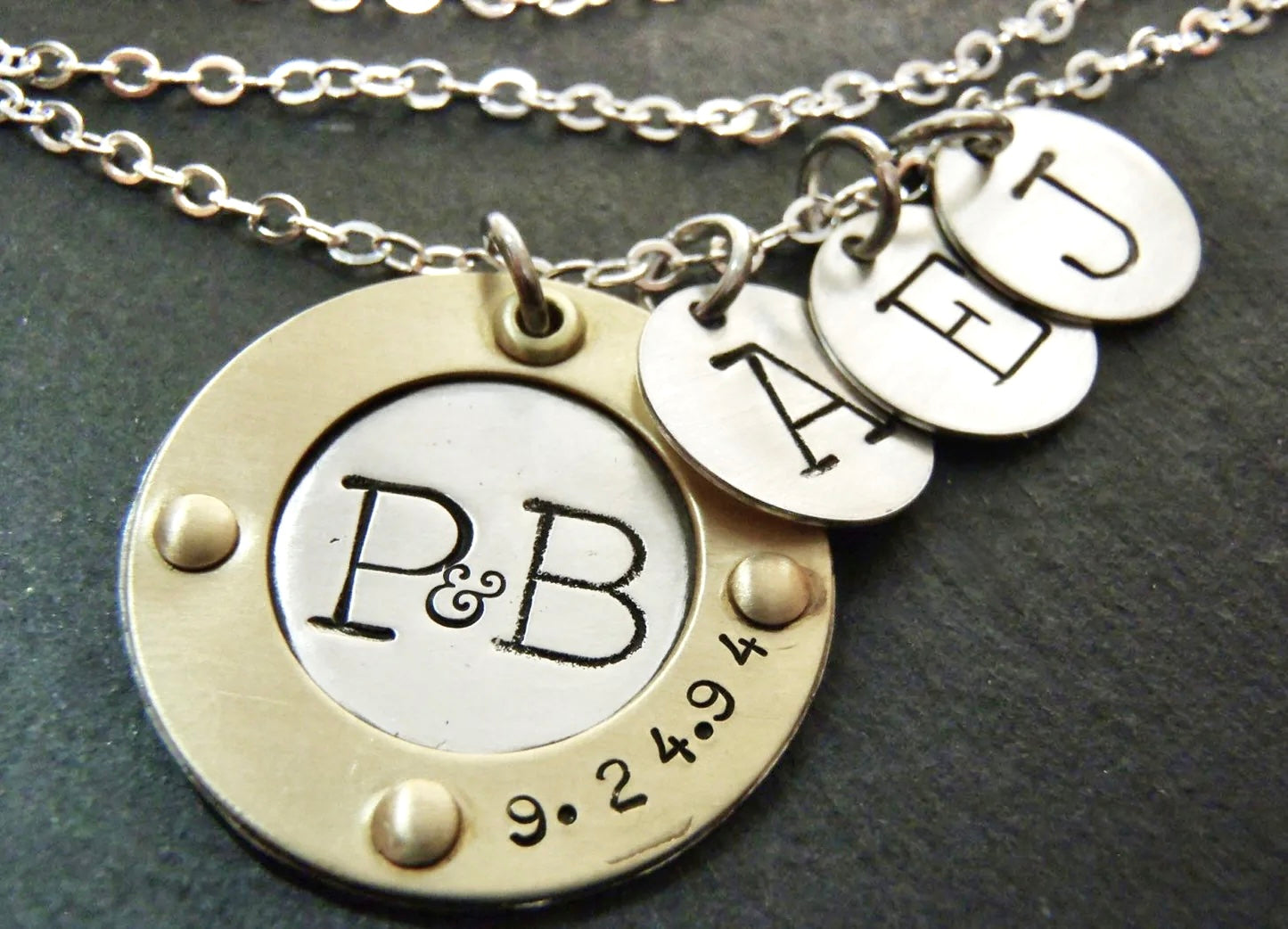 Sterling Silver Mixed Metal Mom Necklace Personalized with Family Initials and Anniversary Date