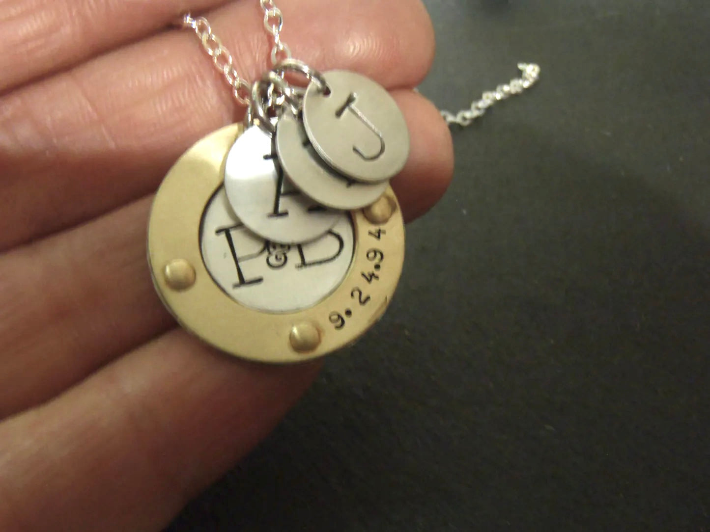 Sterling Silver Mixed Metal Mom Necklace Personalized with Family Initials and Anniversary Date