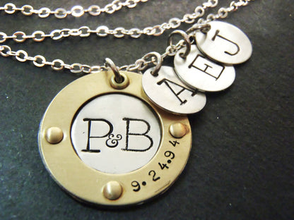 Sterling Silver Mixed Metal Mom Necklace Personalized with Family Initials and Anniversary Date
